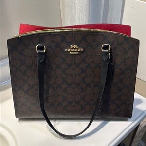 Coach Brown and Red Tote with Monogram Pattern and Gold Hardware